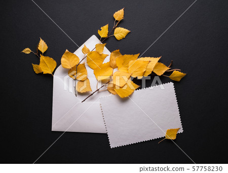 Autumn card with yellow foliage and sheet of paper Autumn card with yellow foliage and sheet of paper 57758230