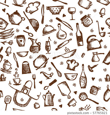 Kitchen utensils sketch, seamless pattern Kitchen utensils sketch, seamless pattern 57765821