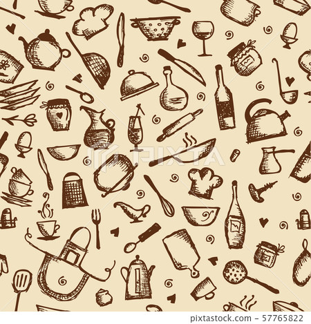 Kitchen utensils sketch, seamless pattern Kitchen utensils sketch, seamless pattern 57765822