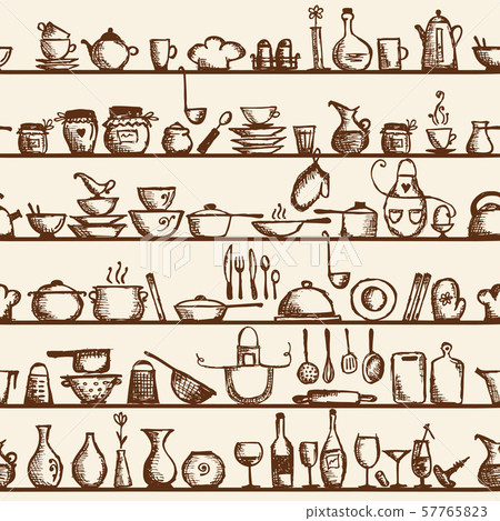 Kitchen utensils on shelves, sketch seamless Kitchen utensils on shelves, sketch seamless 57765823