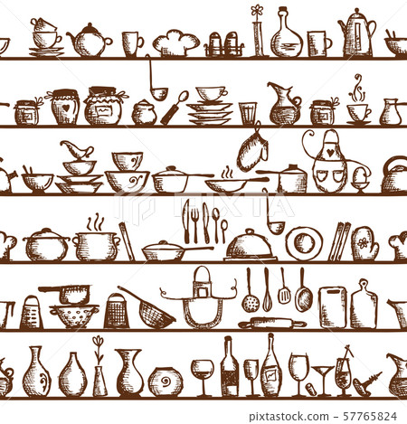 Kitchen utensils on shelves, sketch seamless 57765824
