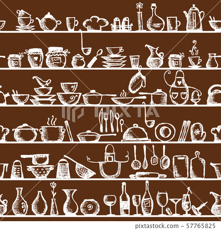 Kitchen utensils on shelves, sketch seamless Kitchen utensils on shelves, sketch seamless 57765825