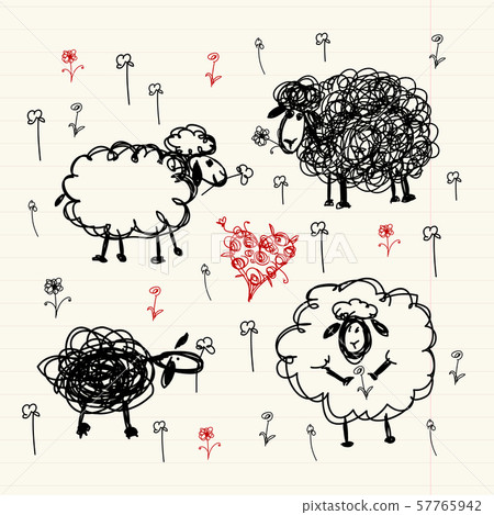Funny sheeps on meadow, sketch for your design Funny sheeps on meadow, sketch for your design 57765942