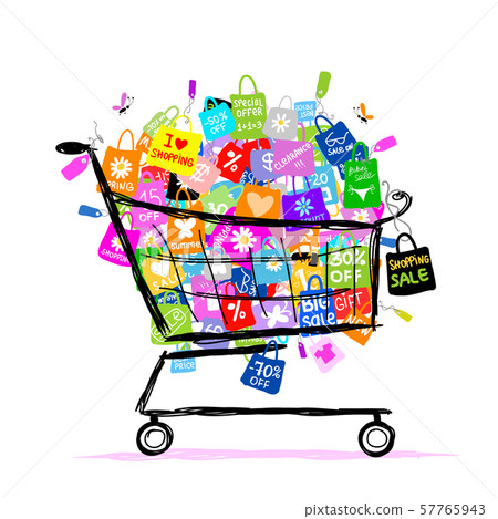 Big sale concept with shopping bags into basket Big sale concept with shopping bags into basket 57765943