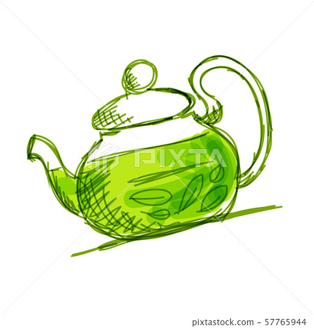Teapot sketch with green tea for your design 57765944