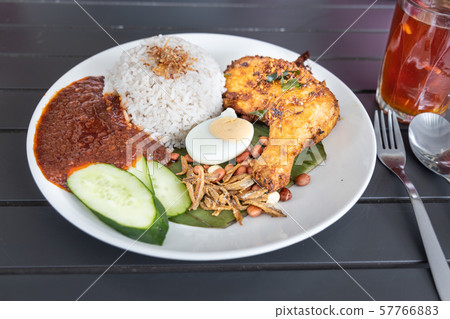 Nasi lemak with fried chicken and sambal, Malaysia 57766883
