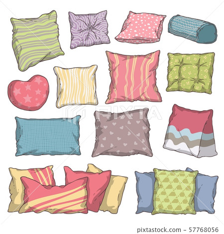 Hand drawn colorful pillow and cushion set with different shape, pattern, size 57768056