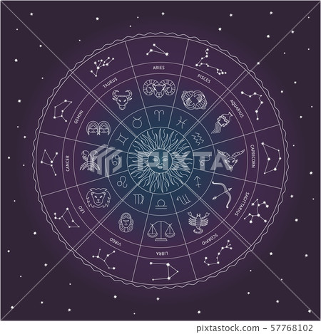 Zodiac circle with star sign drawings and constellations around the Sun 57768102
