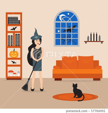 Halloween 2019 Witch with broomstick in the room. Halloween 2019 Witch with broomstick in the room. 57768491
