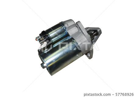 Electric Starter for a car with solenoid isolated on white background. Car spare parts Electric Starter for a car with solenoid isolated on white background. Car spare parts 57768926