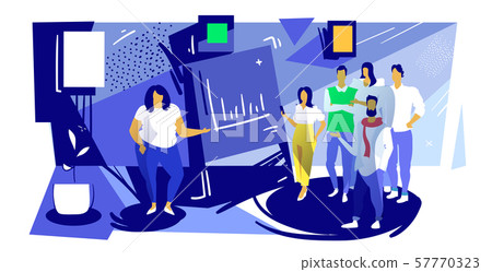 fat businesswoman presenting financial graphs on flip chart board to businesspeople group training 57770323