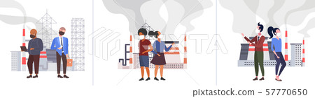 set different people in protective face masks toxic air pollution industry smog polluted environment 57770650