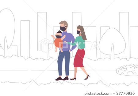 family in face masks walking outdoor dirty waste toxic gas air pollution industry smog polluted 57770930