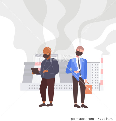businesspeople in face masks using gadgets toxic air pollution industry smog polluted environment 57771020