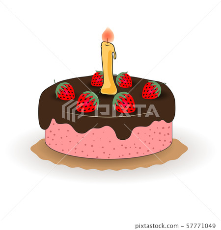 chocolate cake with a candle and strawberries. - Stock Illustration ...