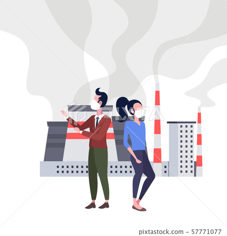 couple wearing face mask looking at plant pipe dirty waste toxic gas air pollution industry smog 57771077