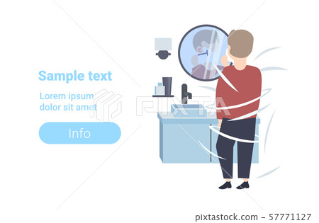 man shaving his face rear view guy looking at mirror modern home bathroom interior flat full length man shaving his face rear view guy looking at mirror modern home bathroom interior flat full length 57771127