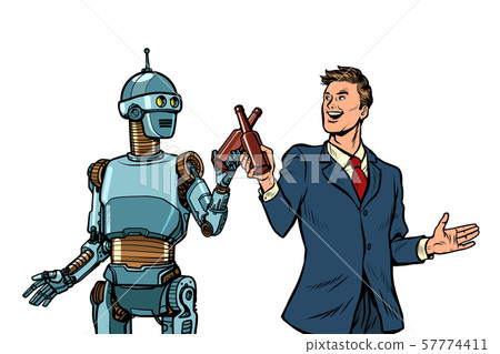 Businessman and robot cheers beer bottles. technological development concept. it industry 57774411