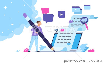 Content writer. Blog articles creation concept with people characters, freelance work business and 57775831