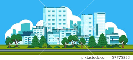 Cartoon panorama city. Park landscape with urban street and houses, cityscape with skyline of office Cartoon panorama city. Park landscape with urban street and houses, cityscape with skyline of office 57775833