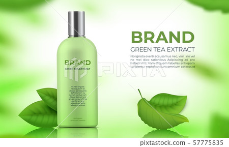 Realistic organic cosmetic background. Skin care green tea leaves product for beauty body women Realistic organic cosmetic background. Skin care green tea leaves product for beauty body women 57775835