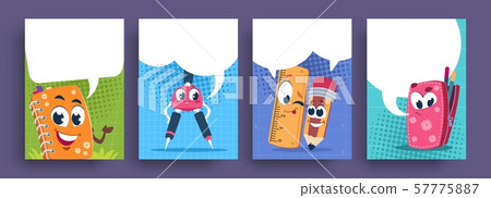 School characters poster. Cartoon cute educational supplies with speech bubble, funny school mascots 57775887