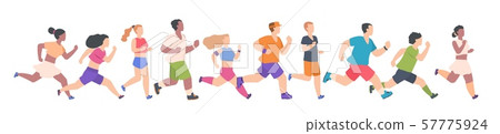 People marathon. Different men and women running and jogging, healthy summer activity. Vector 57775924