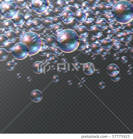 Soap bubble on transparent background. Realistic colorful 3D bubbles, rainbow clear shampoo falling 57775925