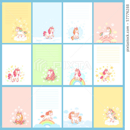 Magic cute unicorn cartoon template for birthday calendar, girl journal card, children note or Magic cute unicorn cartoon template for birthday calendar, girl journal card, children note or 57776288