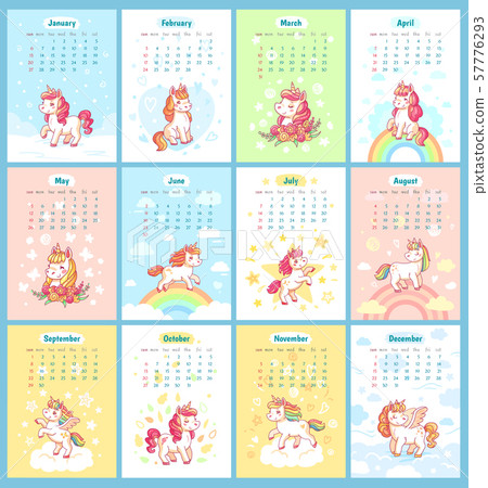 Sweet cute magic unicorn 2019 calendar for kids. Fairy unicorns with rainbow cartoon vector template Sweet cute magic unicorn 2019 calendar for kids. Fairy unicorns with rainbow cartoon vector template 57776293