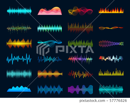 Audio waveform signals, wave song equalizer, stereo recorder sound visualization. Soundtrack signal Audio waveform signals, wave song equalizer, stereo recorder sound visualization. Soundtrack signal 57776826