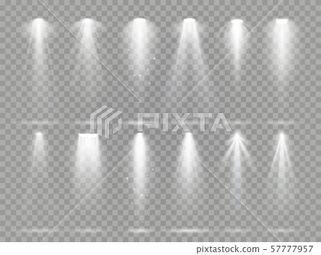 Bright lighting projector beams on theater stage. Rays of studio floodlights, white spotlight light 57777957