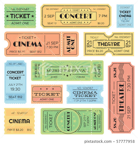 Vintage admitted cinema, music festival pass, train ticket. Isolated amusement admission tickets Vintage admitted cinema, music festival pass, train ticket. Isolated amusement admission tickets 57777958