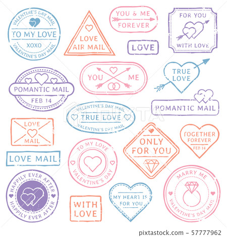Vintage love letter postcard, Valentines Day postmarks. Stamps with hearts or mail seal for wedding 57777962