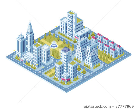 Modern city buildings, police station, road with cars and supermarket building. Town lofts 57777969