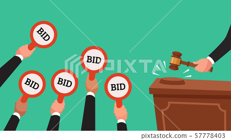 Auctioneer hold gavel in hand. Buyers raising arm holding bid paddles with numbers of price. Auction 57778403