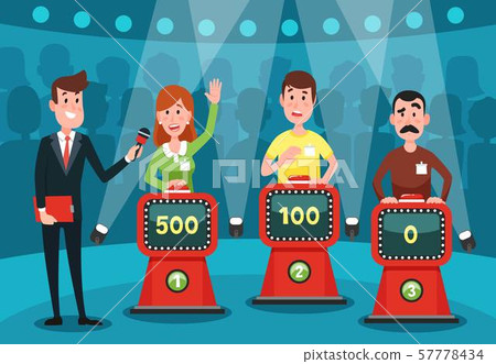 Young people guessing quiz questions. Intellectual game show studio with buttons on stands vector Young people guessing quiz questions. Intellectual game show studio with buttons on stands vector 57778434