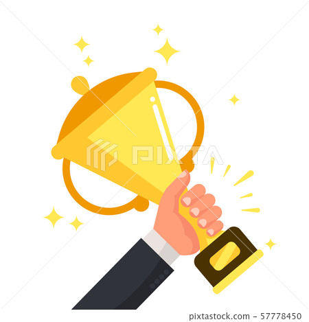 Successful winner holding golden cup in hand. Prize for winning competition, success vector 57778450