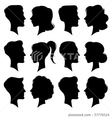 Female and Male faces silhouettes in vintage cameo style. Retro woman and man face profile portrait 57778524