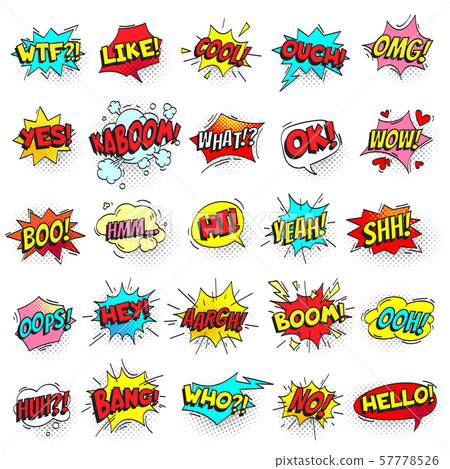 Bang, ouch shouts and yeah shouting text bubble with halftone pattern shadow. Pop art retro style 57778526