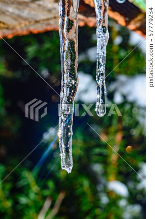 Frozen icicle on the edge of the roof of the house Frozen icicle on the edge of the roof of the house 57779234
