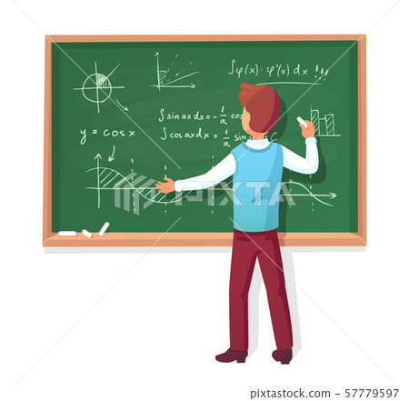 Teacher write on blackboard. School professor teach students, explaining charts formulas graphs on 57779597