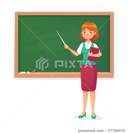 Chalkboard and teacher. Female professor teach at blackboard. Lessons woman teachers at school board 57780470