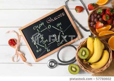 Glucose molecule on blackboard with mixed fresh Glucose molecule on blackboard with mixed fresh 57780602