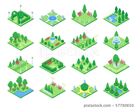 Nature forest elements, plants symbol and green trees for city 3d isometric game map. Isolated park 57780650