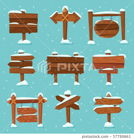 Cartoon snowed signpost. Christmas wooden signpost with snowcap. Arrows on snow and direction signs Cartoon snowed signpost. Christmas wooden signpost with snowcap. Arrows on snow and direction signs 57780661