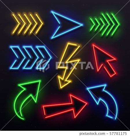 Realistic neon arrows. Night arrow sign lamp lights. Shining arrowhead signs and glowing directional Realistic neon arrows. Night arrow sign lamp lights. Shining arrowhead signs and glowing directional 57781175