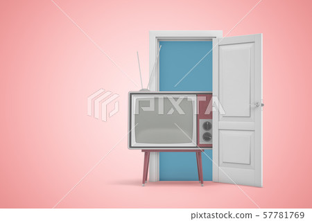 3d rendering of retro TV set standing in open doorway on pink gradient copyspace background. 3d rendering of retro TV set standing in open doorway on pink gradient copyspace background. 57781769