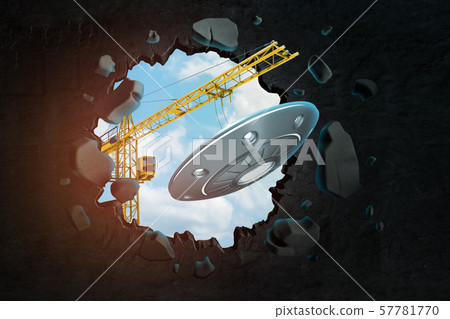 3d rendering of hoisting crane carrying UFO and breaking black wall leaving hole in it with blue sky 57781770