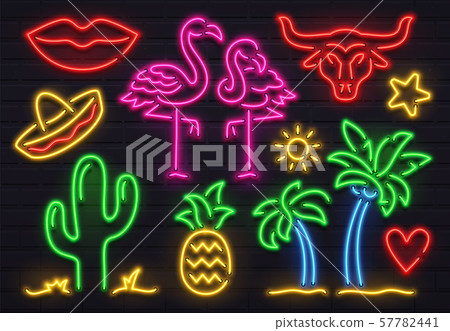 Retro fashion neon sign. Glowing fluorescent cactus, pink flamingo and bull signs. Bright palm 57782441
